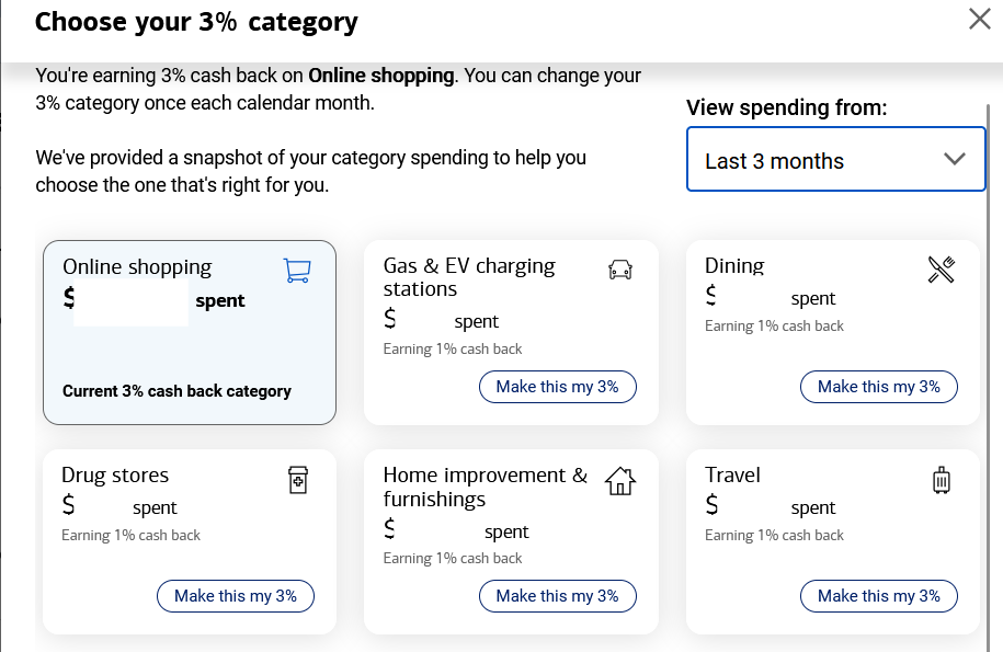 The 3% category selection screen for the BoA Customized Cash Rewards card