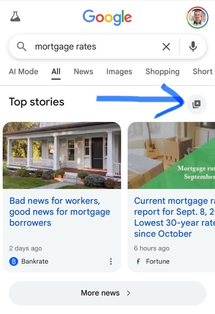 Google results for mortgage rates with arrow to icon for adding publisher to preferred list.